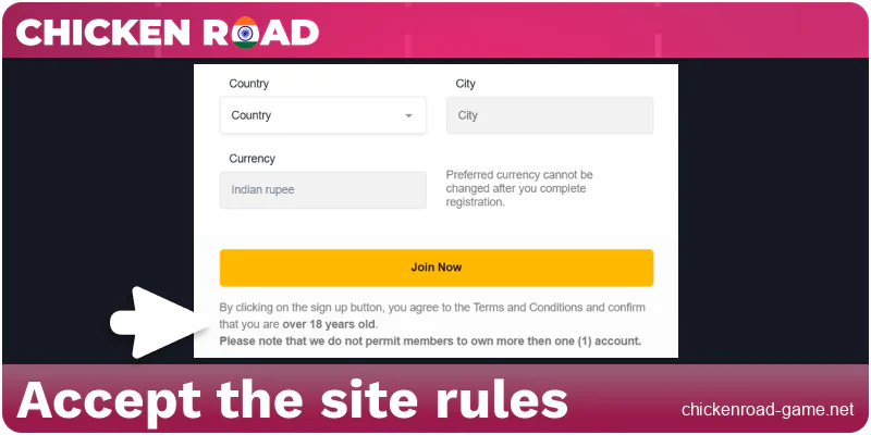 Accept the terms and conditions of the Chicken Road IN site